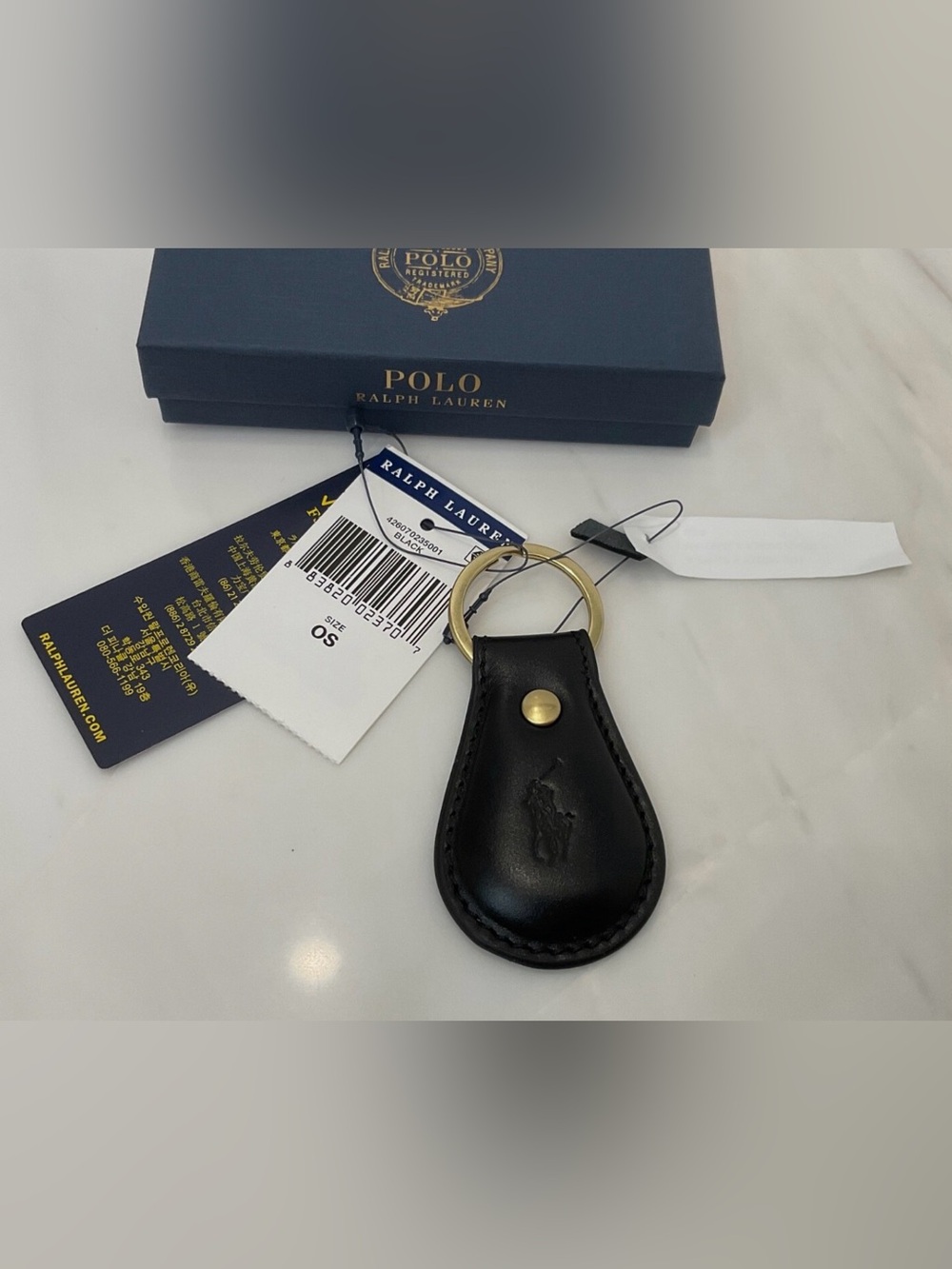 NEW Polo Ralph Lauren Leather Embossed POLO PLAYER Key Ring Keychain - BLACK